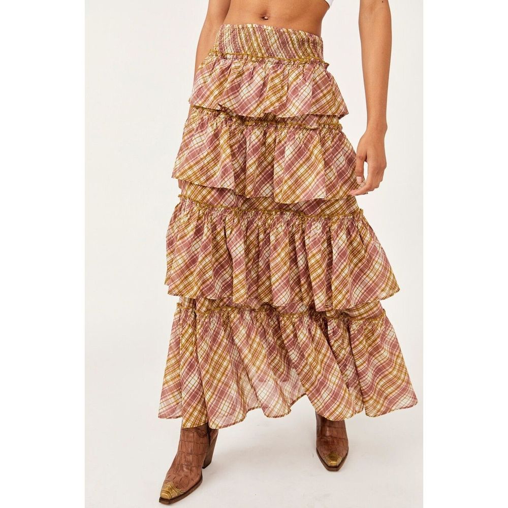 New Free People Sawyer Red Plaid Tiered Maxi Skirt Size Large - Picture 4 of 7